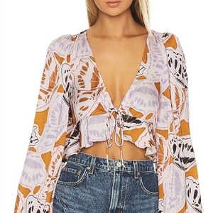 NEW For Love And Lemons Lavender and Orange Floral Tie-Front Crop Top Size Small